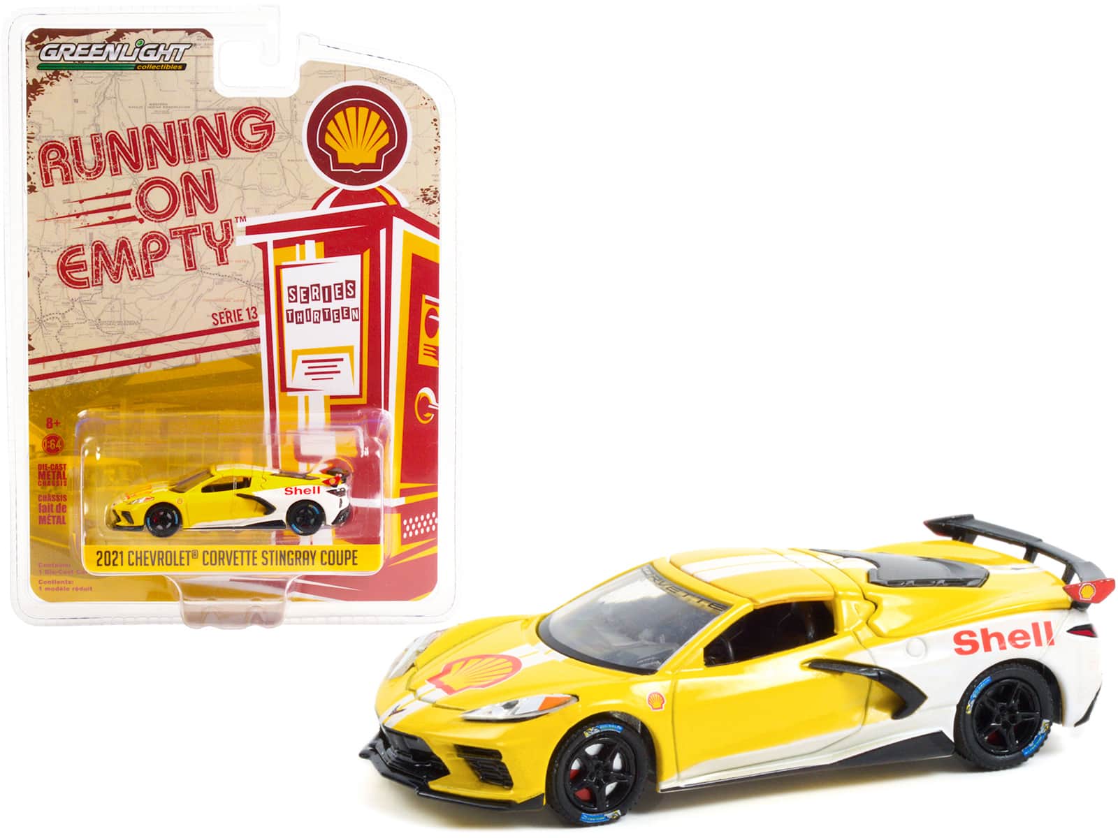 "2021 Chevrolet Corvette C8 Stingray Coupe ""Shell Oil"" Yellow & White ""Running on Empty"" 1/64 Model Car by Greenlight" price history on PriceWatchPro