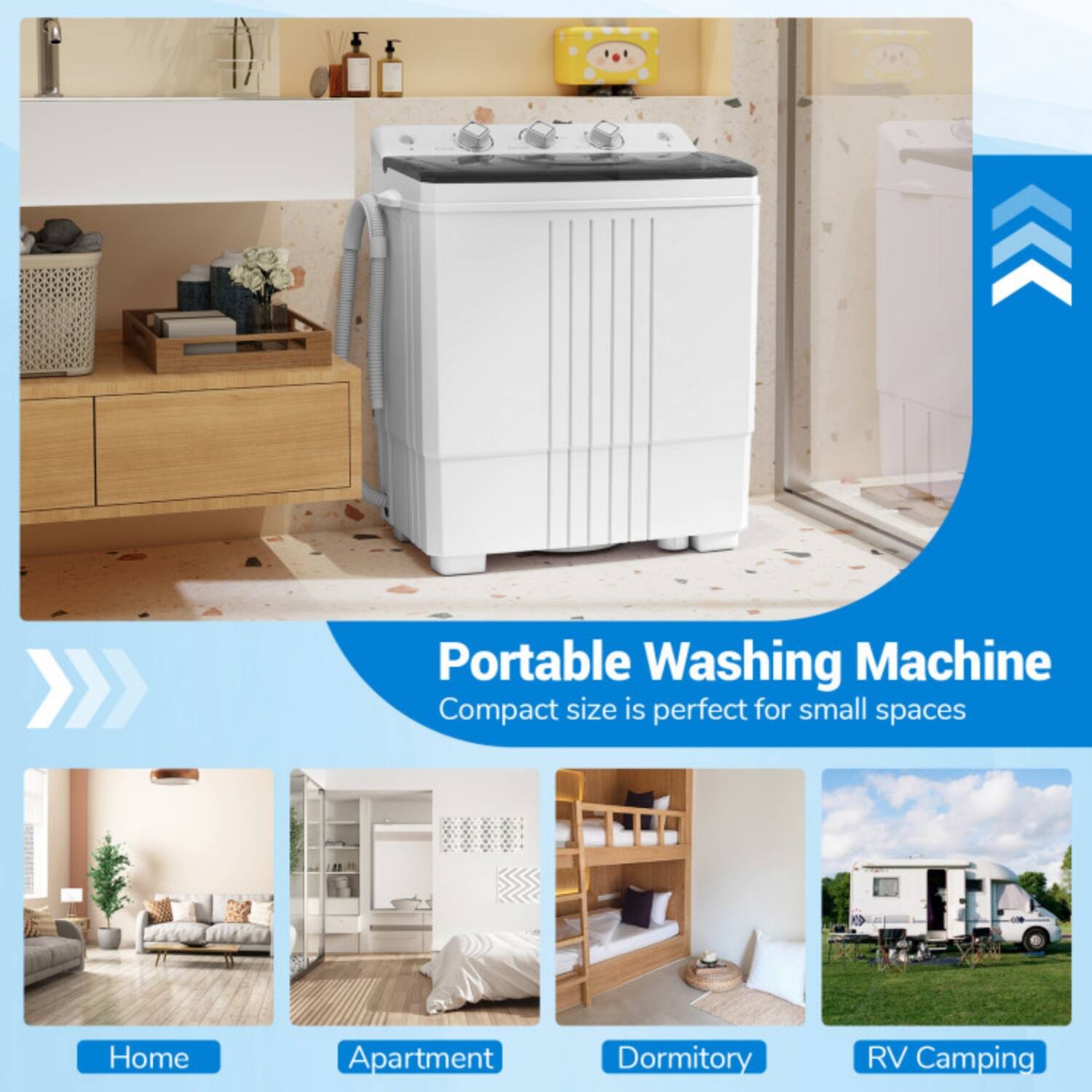 Portable Washing Machine  
Compact size is perfect for small spaces  
Home  
Apartment  
Dormitory  
RV Camping