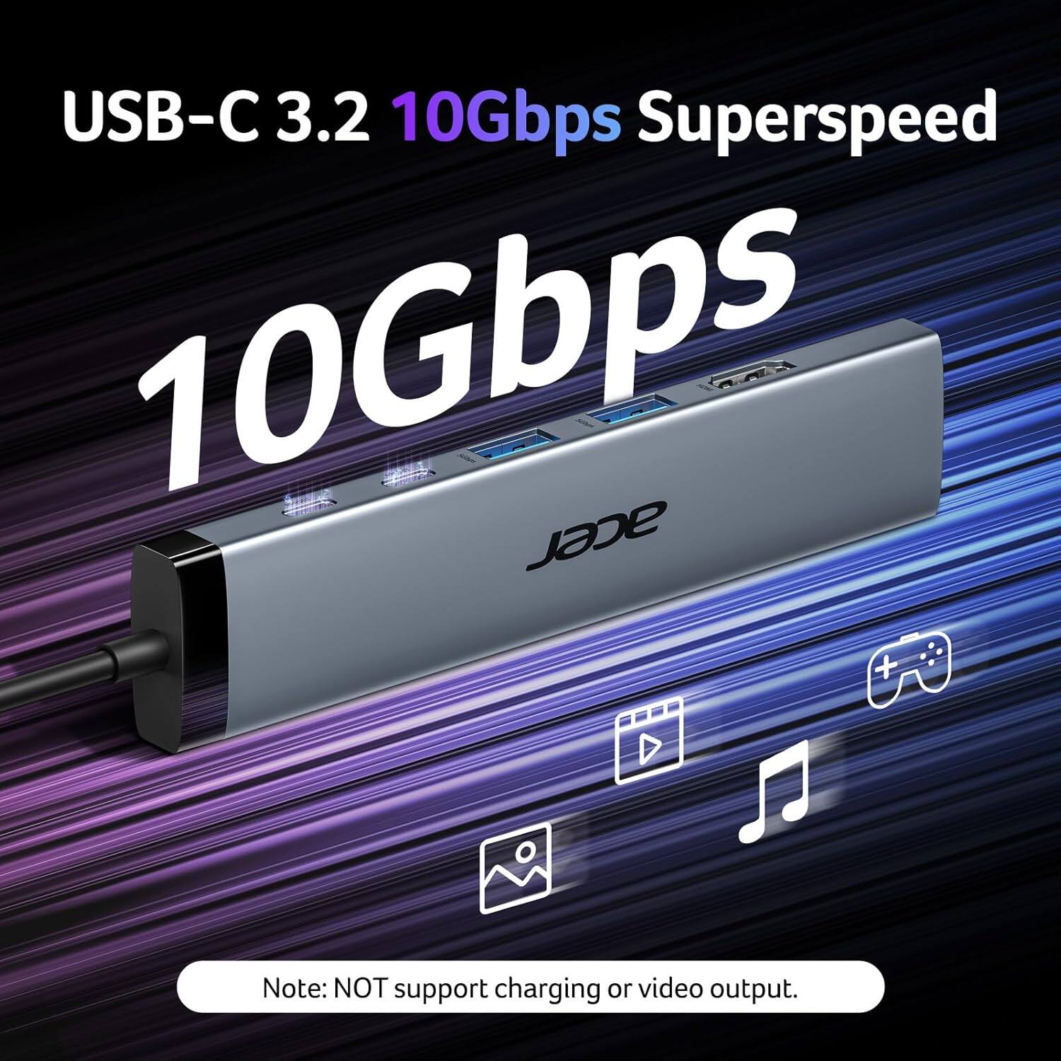 USB-C 3.2 10Gbps Superspeed  
10Gbps  
Note: NOT support charging or video output.