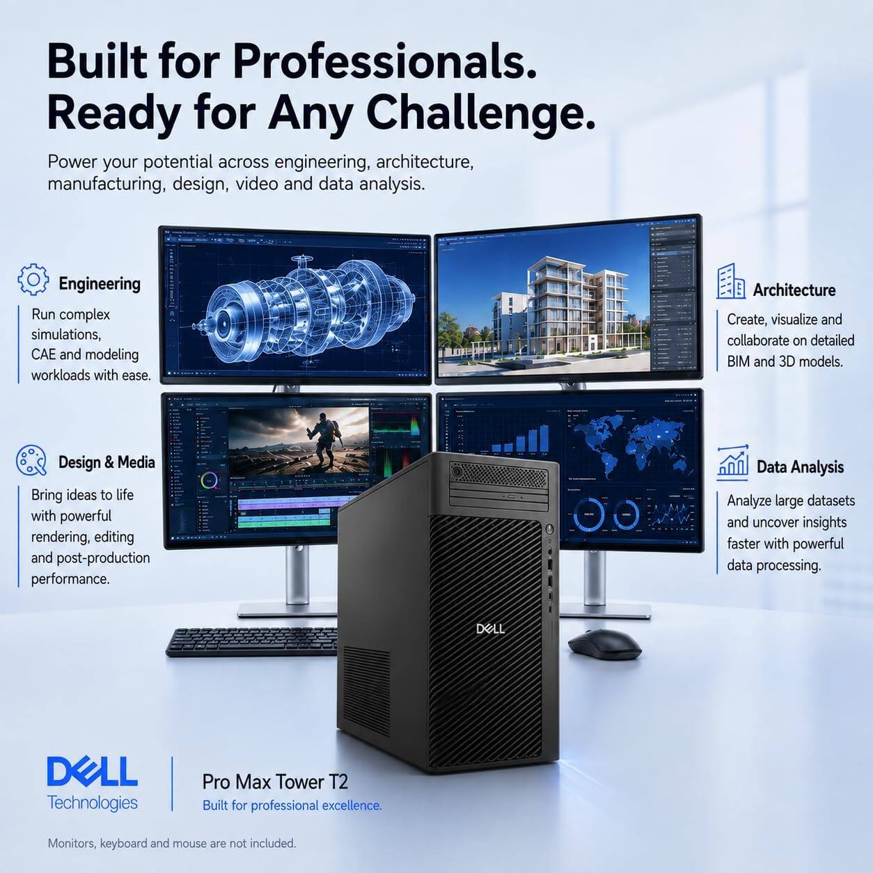 Built for Professionals. Ready for Any Challenge.

Power your potential across engineering, architecture, manufacturing, design, video and data analysis.

Engineering
Run complex simulations, CAE and modeling workloads with ease.

Architecture
Create, visualize and collaborate on detailed BIM and 3D models.

Design & Media
Bring ideas to life with powerful rendering, editing and post-production performance.

Data Analysis
Analyze large datasets and uncover insights faster with powerful data processing.

DELL Technologies
Pro Max Tower T2
Built for professional excellence.

Monitors, keyboard and mouse are not included.