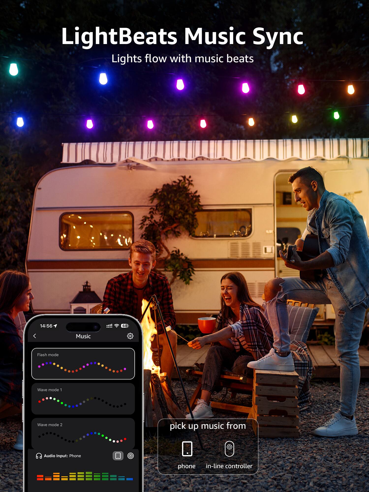 LightBeats Music Sync: Lights flow with music beats. 14:56:1 - Music Flash mode. Wave mode 1. Wave mode 2. Pick up music from Audio Input: Phone. In-line controller.