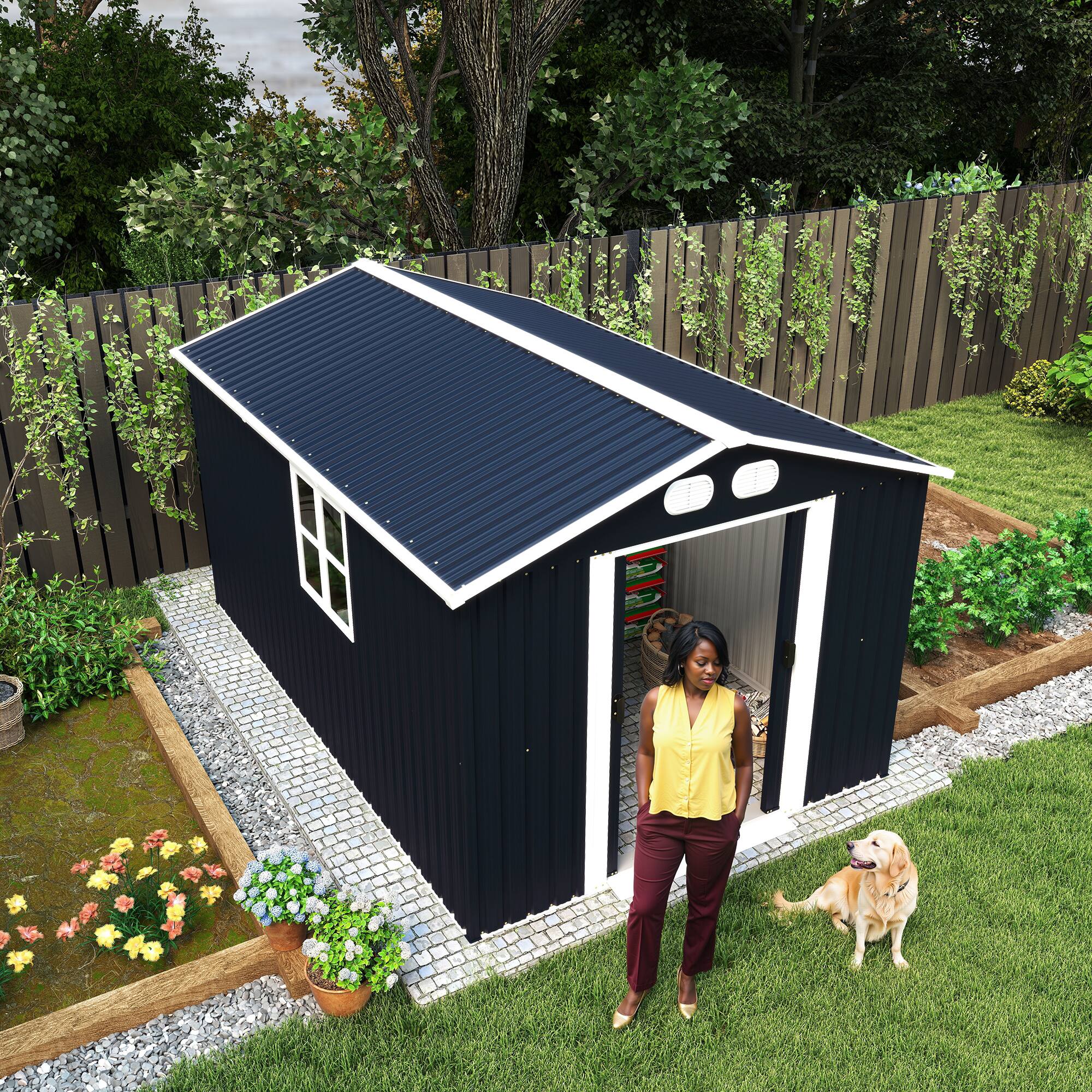 Angle. Anysun - 8x12ft Metal Storage Shed with Lockable Door & Ventilation, Heavy-Duty Outdoor Garden Tool Shed for Backyard or Lawn - Dark Gray.