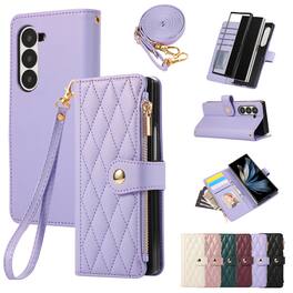 Dteck - Shockproof Wallet Case for Samsung Galaxy Z Fold7 with Crossbody Strap, Zipper Pocket PU Leather TPU Folio Stand Cover - Purple