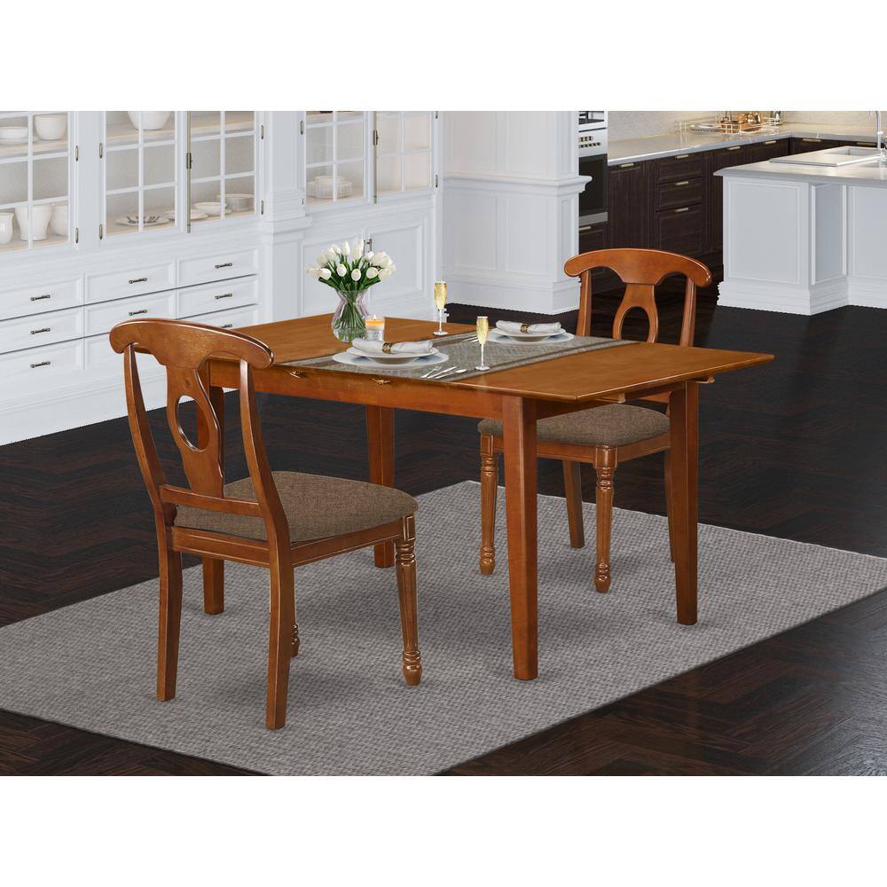Back. East West Furniture - PSNA3-SBR-C 3 PcRectangular Kitchen Table having 12in Leaf and 2Fabric Dinette Chairs in Saddle Brown . - Saddle Brown.