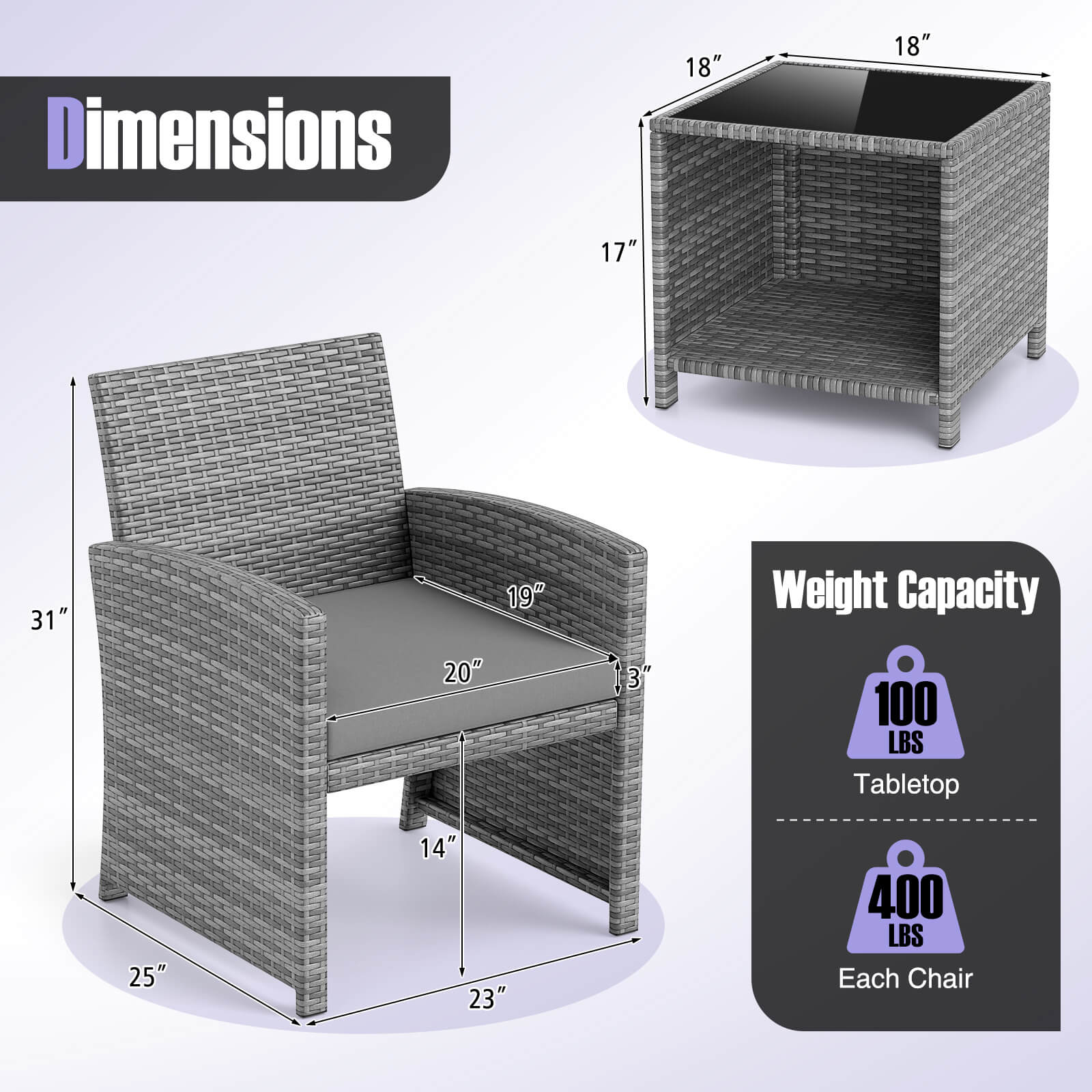 Dimensions: 18", 18", 17", 31", 19", 20", 3", 25", 14", 23"

Weight Capacity: 100 LBS Tabletop, 400 LBS Each Chair