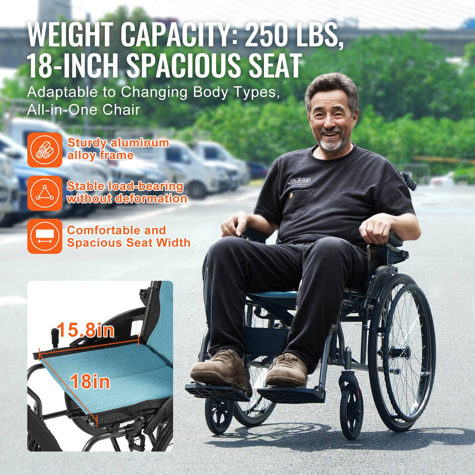 **WEIGHT CAPACITY: 250 LBS, 18-INCH SPACIOUS SEAT**

Adaptable to Changing Body Types, All-in-One Chair

- Sturdy aluminum alloy frame
- Stable load-bearing without deformation
- Comfortable and Spacious Seat Width

15.8in  
18in
