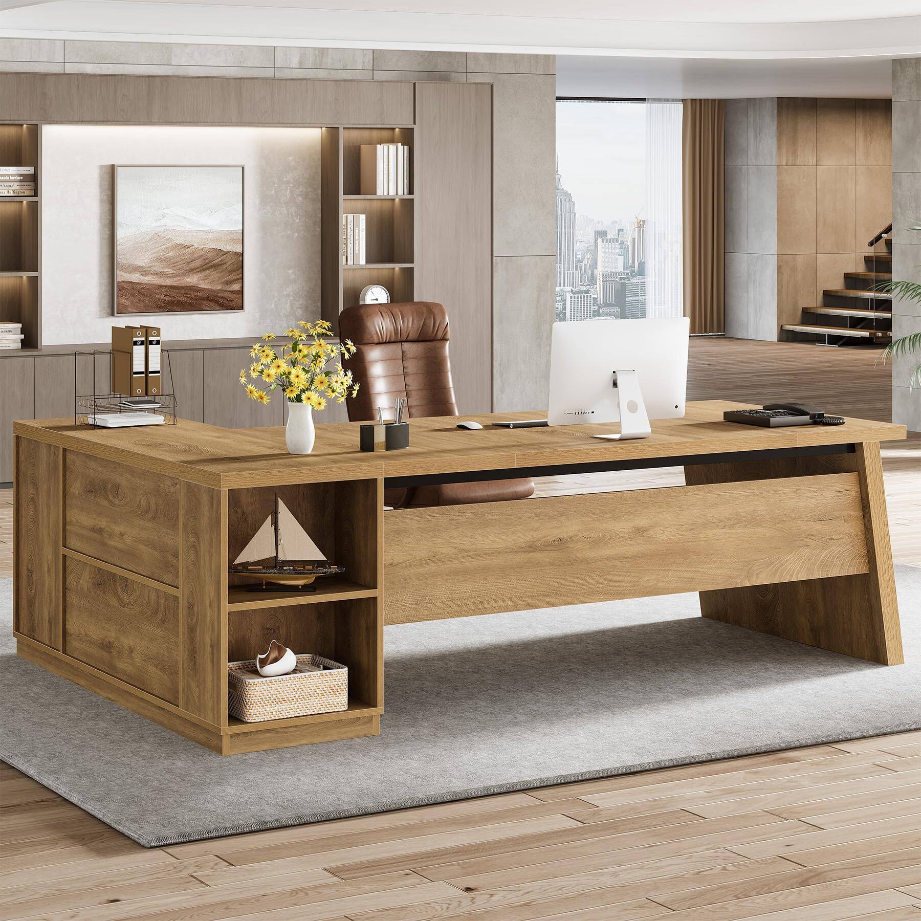Back. Tribesigns - 78" L Shaped Executive Desk with Storage, Home Office - Oak Brown.