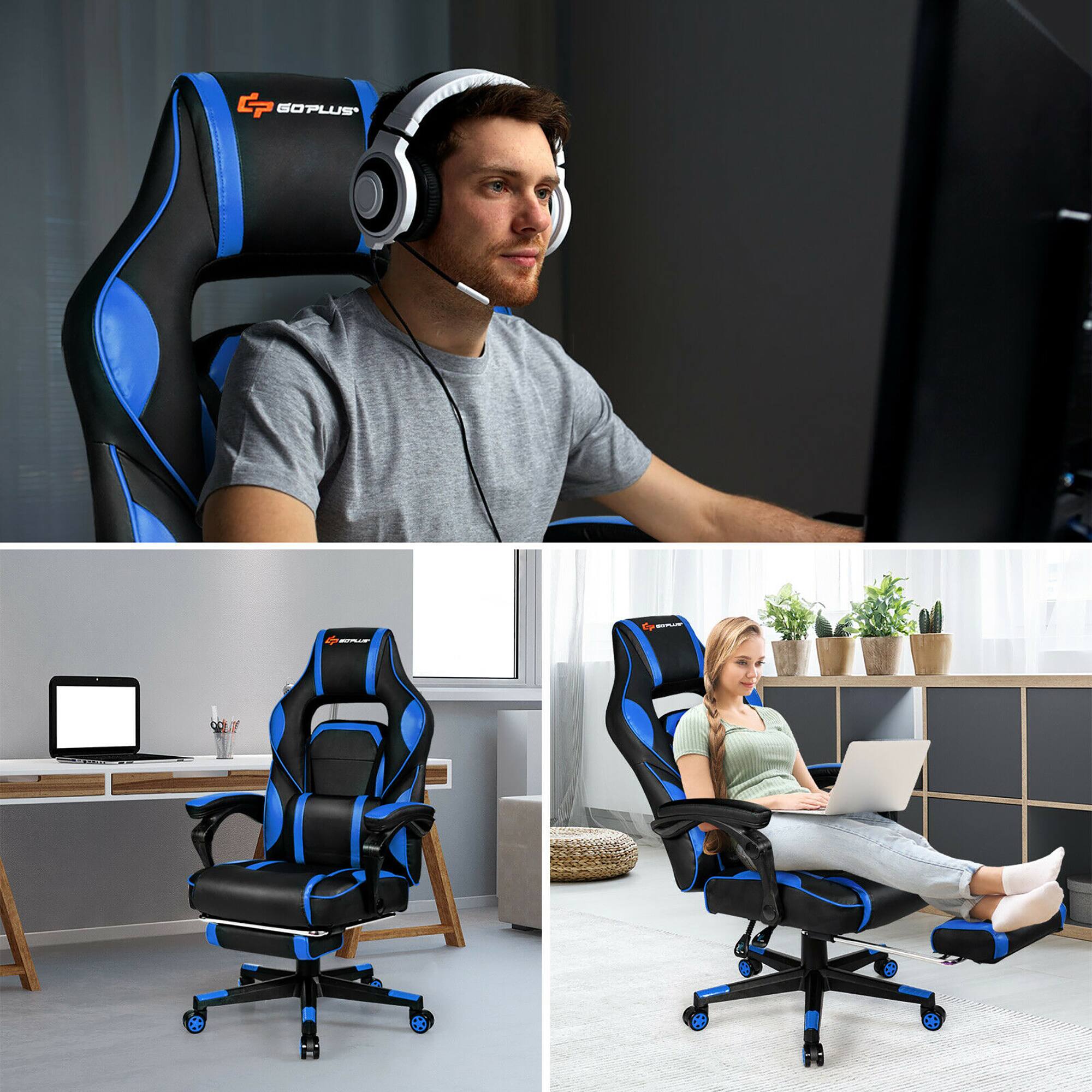 Left. Costway - Gaming Massage Reclining Racing Chair with Footrest - Blue.