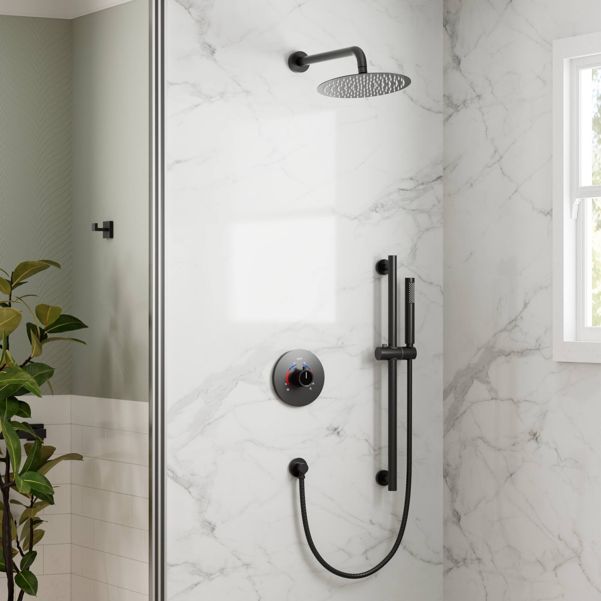 Angle. GRANDJOY - Modern Anti-Scald Multifunction Shower System with Adjustable Slide Bar and Fingerprint-Resistant Finish - Matte Black.