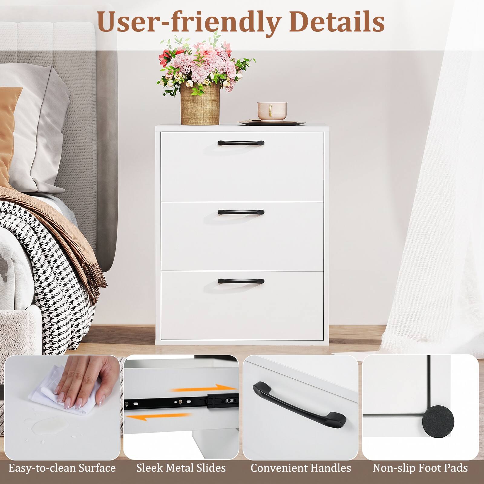 User-friendly Details

Easy-to-clean Surface
Sleek Metal Slides
Convenient Handles
Non-slip Foot Pads