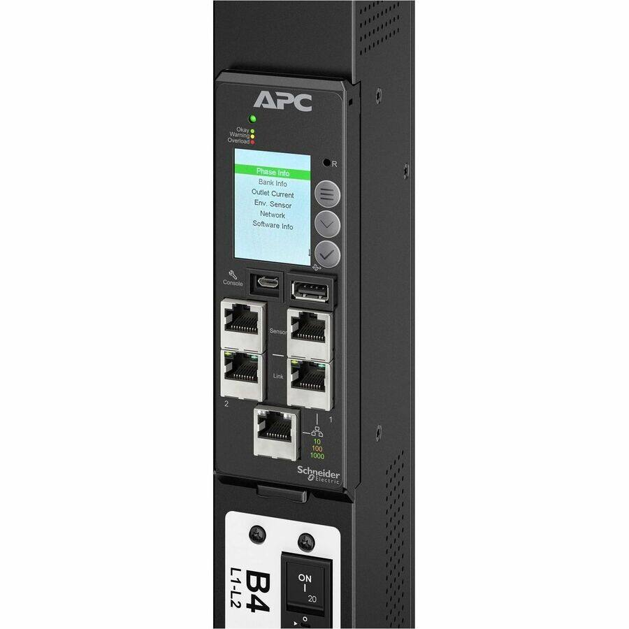 APC Okay Warmning Overload Phase Into Bank Info Outlet Current Env. Sensor Network Software Info R a Console Senso Link 2 1 .N 6% 10 100 1000 Schneider Electric L1-L2 B4 ON I 20