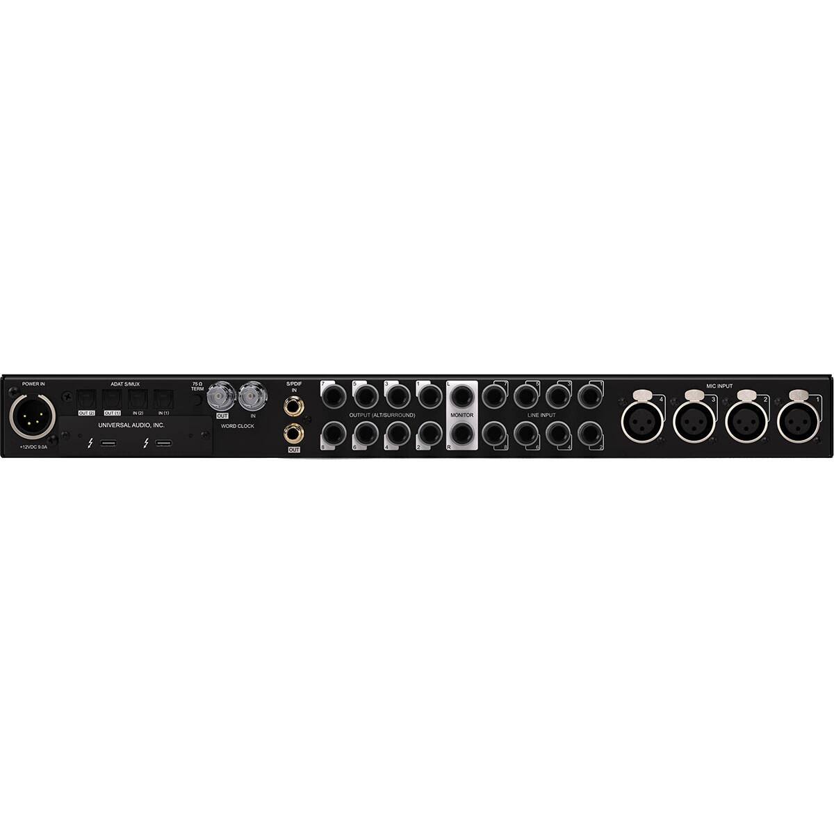 - AOA SMUX e - AP - + MO nPu a a ... ... - -. UNIVERSAL AUDIO N - -- ... BUTIUT a ALTSUOUE M LI n nos -- 5 AT

- POWER IN
- ADAT SMUX
- TB-0
- SPDI
- OUTPUT 1-2 STEREO
- MONITOR
- LINE INPUT
- MIC INPUT
- WORD CLOCK
- UNIVERSAL AUDIO, INC.
- +12VDC 5A