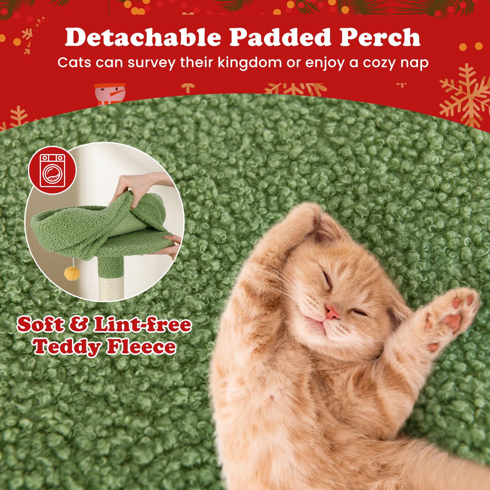 Detachable Padded Perch  
Cats can survey their kingdom or enjoy a cozy nap  

Soft & Lint-free Teddy Fleece