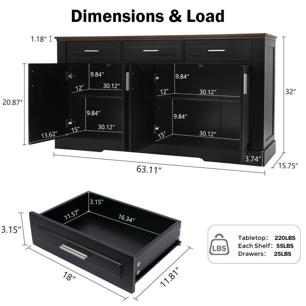 Dimensions & Load

- Height: 32"
- Width: 63.11"
- Depth: 20.87"
- Tabletop: 220LBS
- Each Shelf: 55LBS
- Drawers: 25LBS

Shelf Dimensions:
- Height: 9.84"
- Width: 30.12"
- Depth: 12"

Drawer Dimensions:
- Height: 3.15"
- Width: 16.34"
- Depth: 11.81"

Additional Dimensions:
- 1.18" (top edge)
- 13.62" (side depth)
- 15" (shelf depth)
- 3.74" (side depth)
- 15.75" (side depth)
- 3.15" (drawer height)
- 11.57" (drawer width)
- 18" (drawer depth)