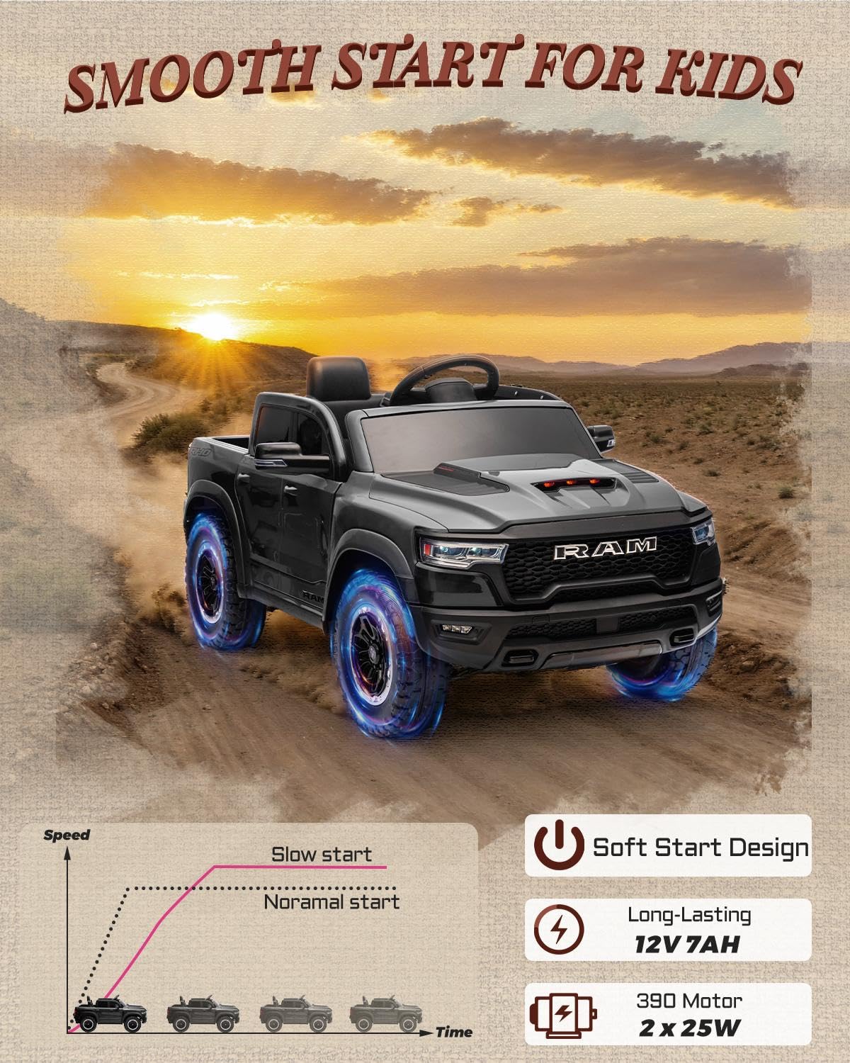 SMOOTH START FOR KIDS

RAM

Speed Slow start Soft Start Design Normal start Long-Lasting 12V 7AH Time 390 Motor 2 x 25W
