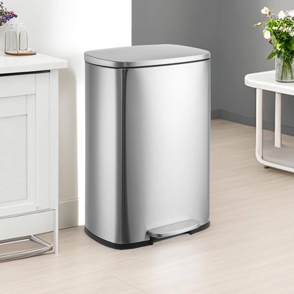 Alt View 2. Homhougo - 50L/13 Gallon Kitchen Trash Can, Hands-Free Stainless Steel Trash Can, Kitchen Trash Bin with Removable Inner Buckets - Silver.