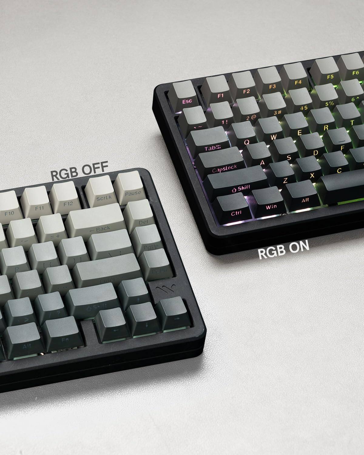 Sure, here is the corrected and grouped text from the image:

**Top Row:**
- F10
- F11
- F12
- ScrLk
- Pause

**Number Row:**
- 1!
- 2@
- 3#
- 4$
- 5%
- 6^

**Letter Row:**
- Q
- W
- E
- R
- T
- Y
- U
- I
- O
- P

**Function Row:**
- Esc
- F1
- F2
- F3
- F4
- F5
- F6

**Modifier Keys:**
- Tab
- Capslock
- Shift
- Ctrl
- Win
- Alt

**Additional Keys:**
- Back
- Del
- PgUp
- PgDn
- Home
- End
- Ins
- Del

**RGB Status:**
- RGB OFF
- RGB ON