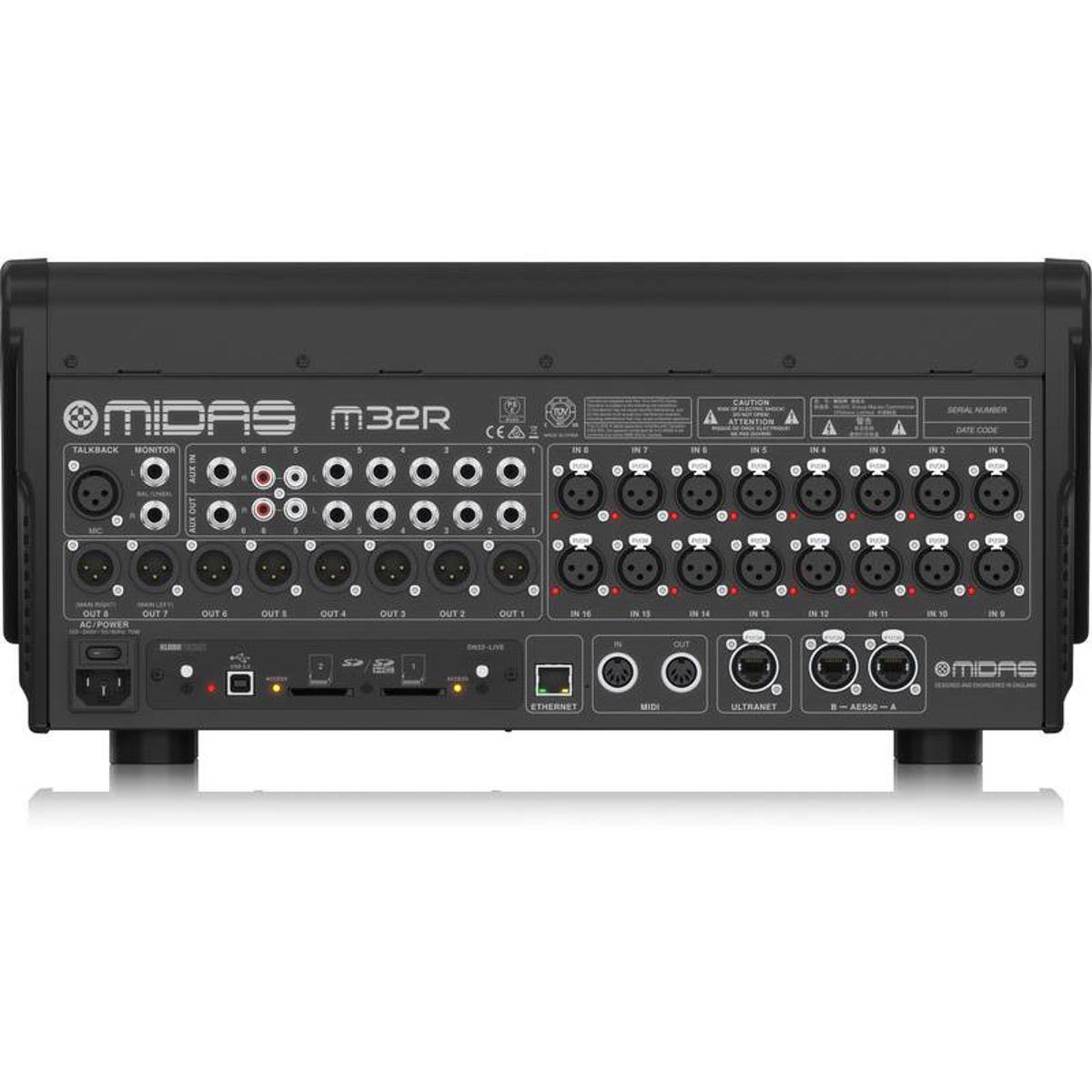 MIDAS M32R TALKBACK MONITOR I 5 2

N$
N1
ING
CAUTION MOITHSTTA IN5
IN 4
SERIAL NUMBER DATE CODE
MC
OUTS OUT? AO/POWER
OUT 6
OUTS
OUT4
CTUO
OUT2
OUT 1
N16
IN 14
IN 11
MUST-LIVE

TUO
MIDAS
ETHERNET

ULTRANET
AE550
A
