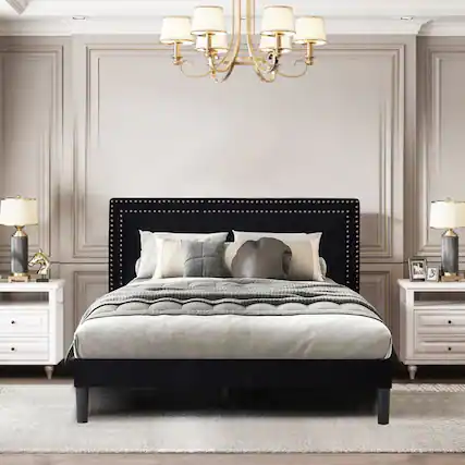 Front. Vecelo - Queen Size Platform Bed Frame with Adjustable Upholstered Headboard, Strong Wood Slat Support,No Box Spring Needed - Black.