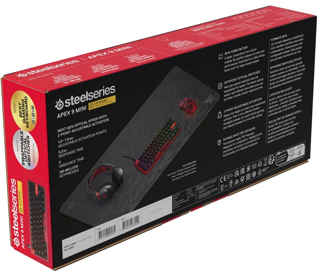 The image features a black box with a red border, containing a gaming keyboard and mouse. The keyboard is a compact 60% design, with a wired connection and adjustable switches. The mouse is also a wired device, and it comes with an adjustable DPI setting. The box is labeled with the brand name "Steelseries" and is designed to protect the keyboard and mouse during transportation. The packaging is in Spanish, providing information about the product and its features.