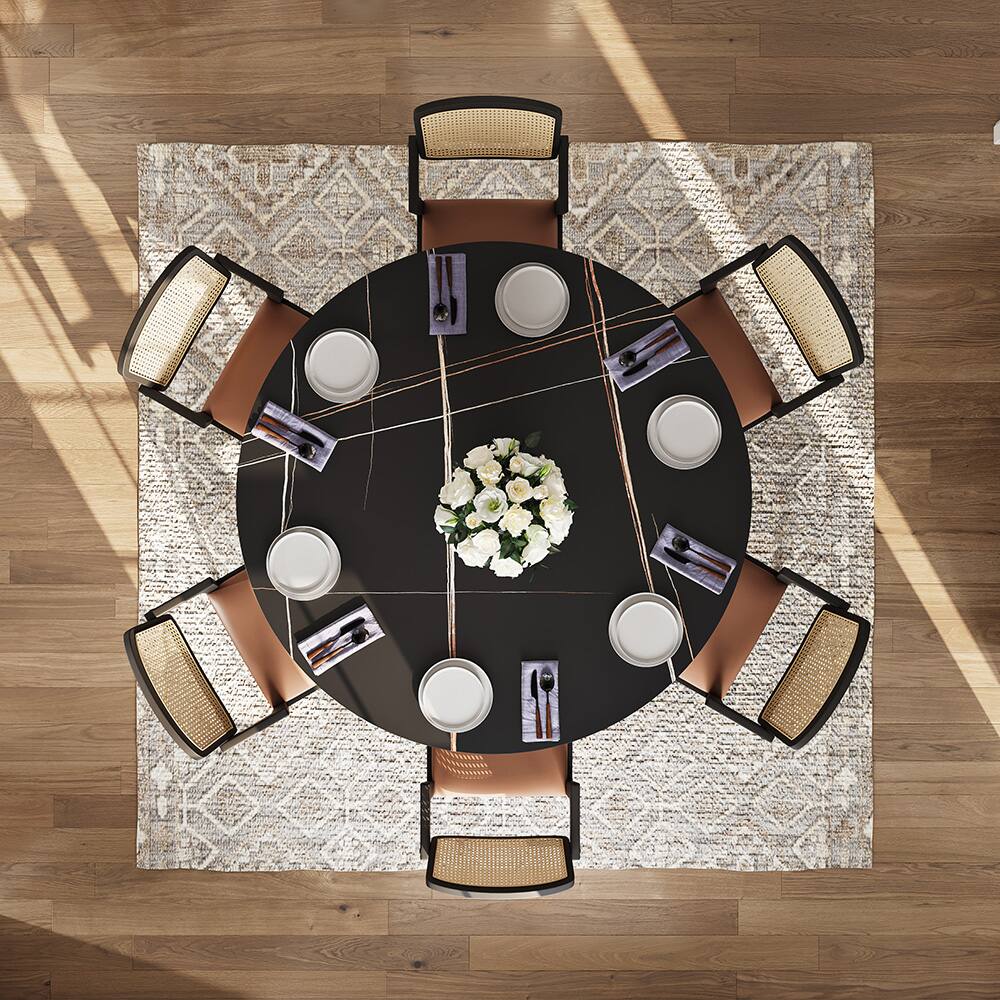 Back. POVISON - 59" Modern Luxury Black Round Dining Table for 6, Matte Sintered Stone Tabletop, Bronze Carbon Steel Base - Black & Bronze.