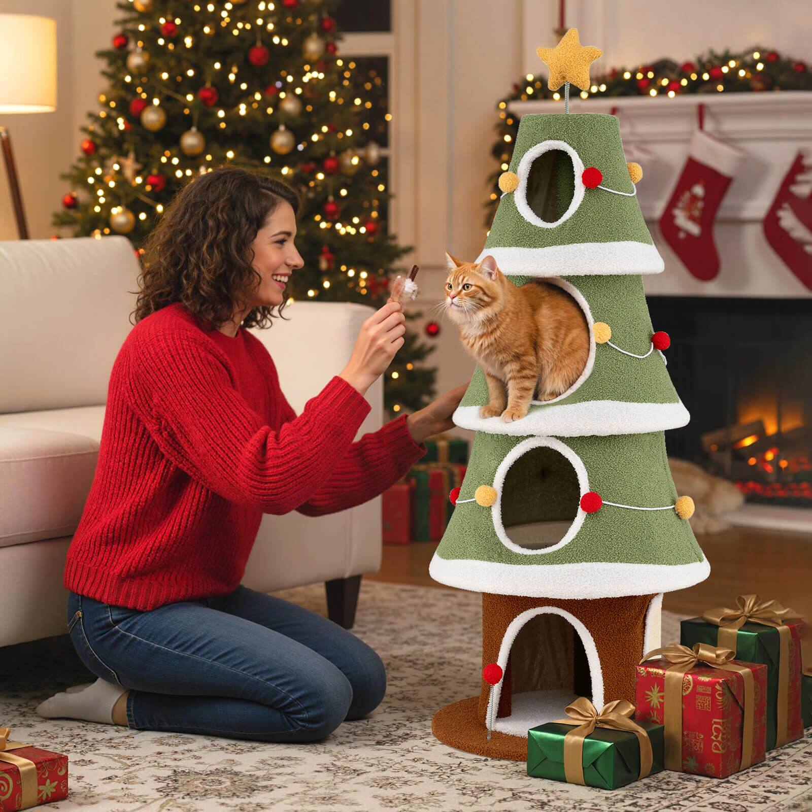 Alt View 4. Costway - Costway 61"Large Christmas Cat Tree with 4 Condos, Sisal Carpet, Dangling Ball, Spring Toy - Green + White + Brown.