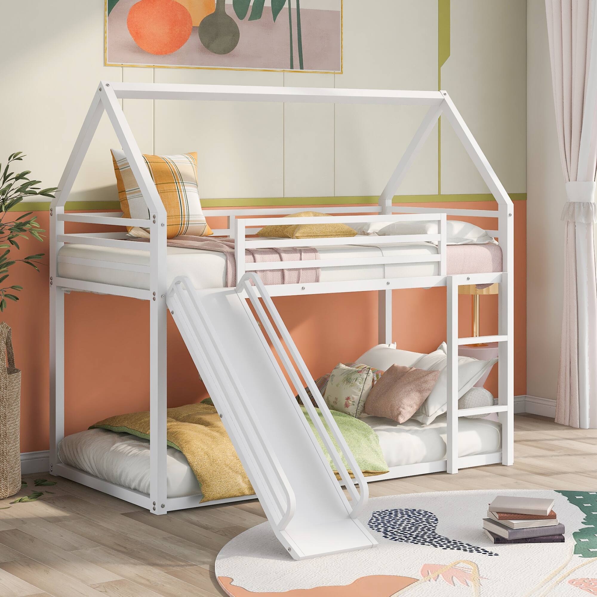 Left. GOODSILO - Twin Over Twin Playhouse Bunk Bed with Convertible Slide and Ladder for Kids - White.