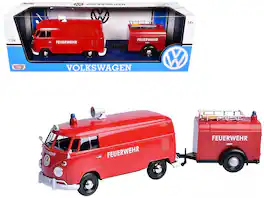 Volkswagen Type 2 (T1) Fire Van with Fire Fighting Trailer "Feuerwehr" 1/24 Diecast Model Car by Motormax - Red
