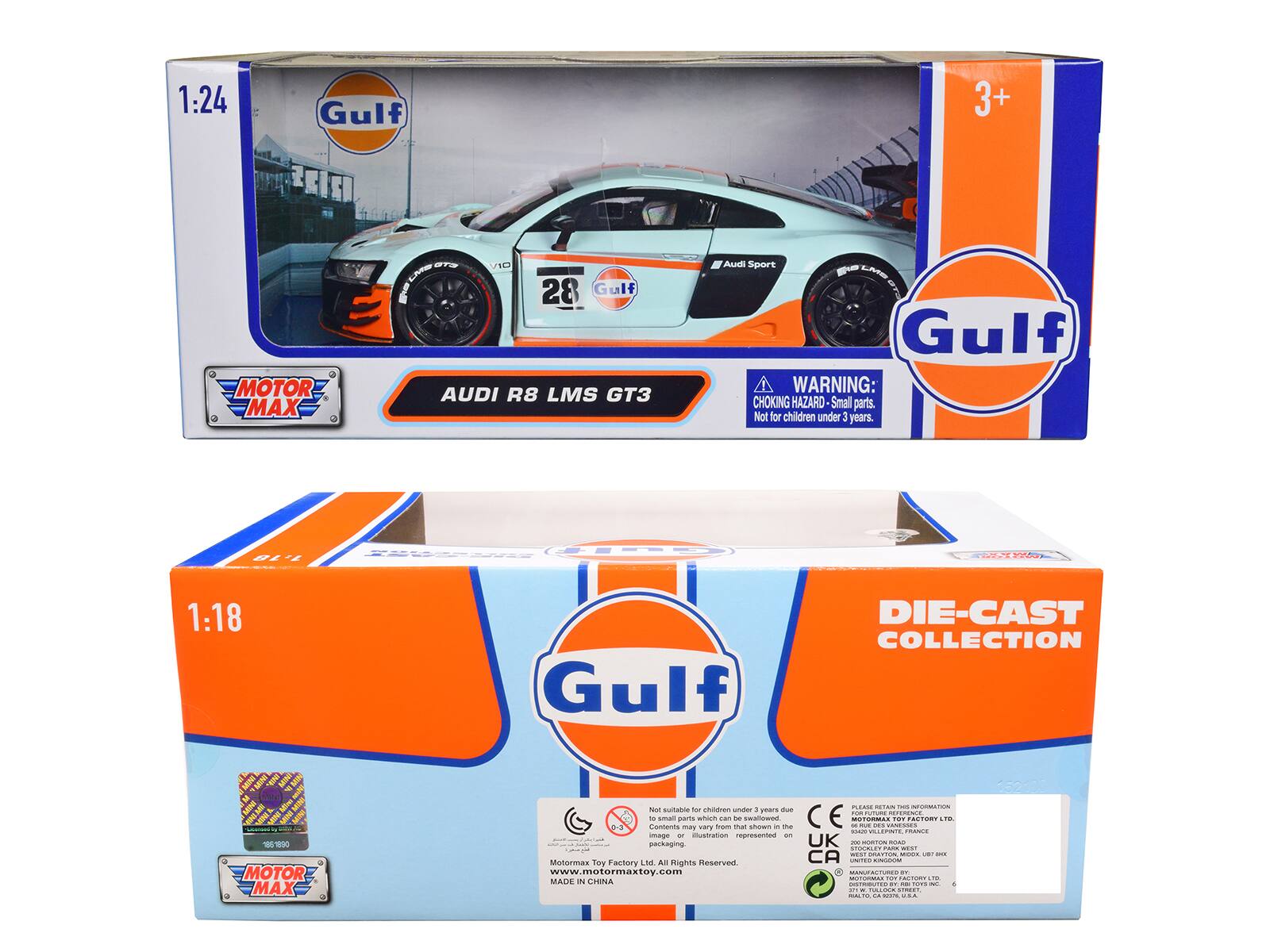 1:24 Gulf 3+ MOTOR MAX ST9 LME I 28 Gulf AUDI R8 LMS GT3 Audi Sport - LAN

WARNING CHOKING HAZARD Small parts. Not for children under 3 years.

1:18 Gulf DIE-CAST COLLECTION

MOTOR MAX

No suitable for children under 3 years due to small parts which are a choking hazard. Contents may vary from that shown in the illustration represented on packaging.

MotorMax Toy Factory Ltd. All Rights Reserved www.motormaxtoy.com

MADE IN CHINA