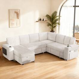 Dyonery - 110" Modular Sectional Sofa with Pull Out Bed,Corduroy Fabric 7 Seat Sectional Sofa with Storage,for Living Room - Beige