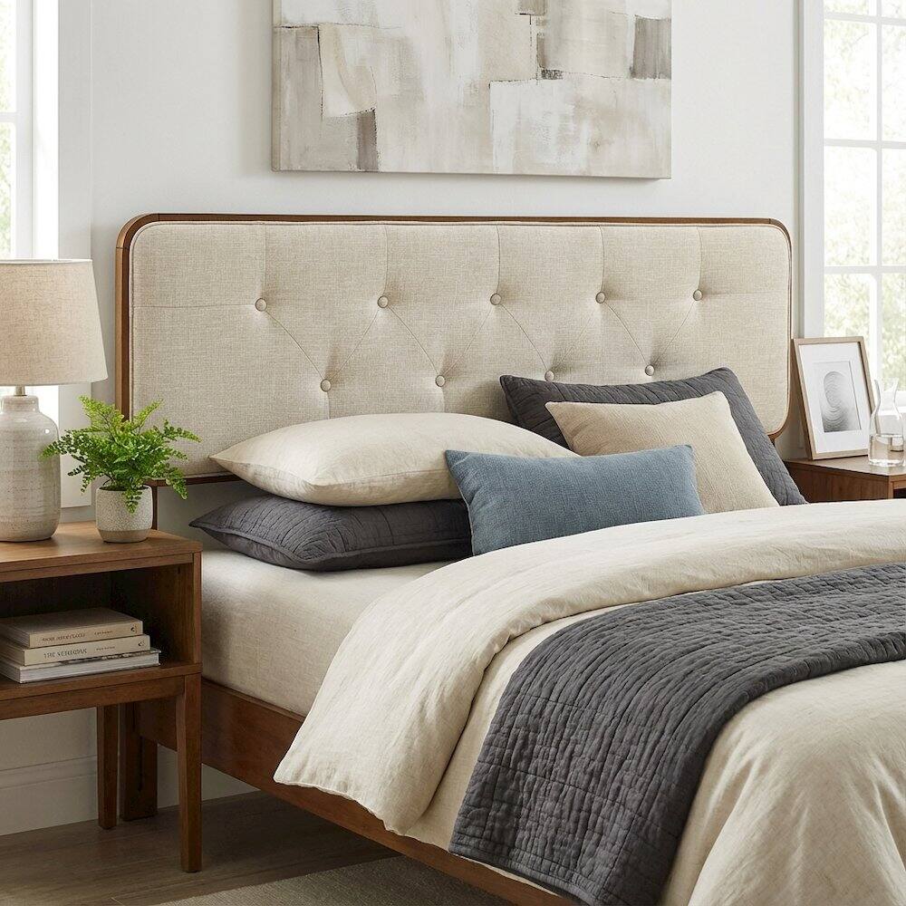 Left. FurniFact - Tufted Gray Fabric Twin Headboard with Wooden Frame and Upholstered Design - Brown.