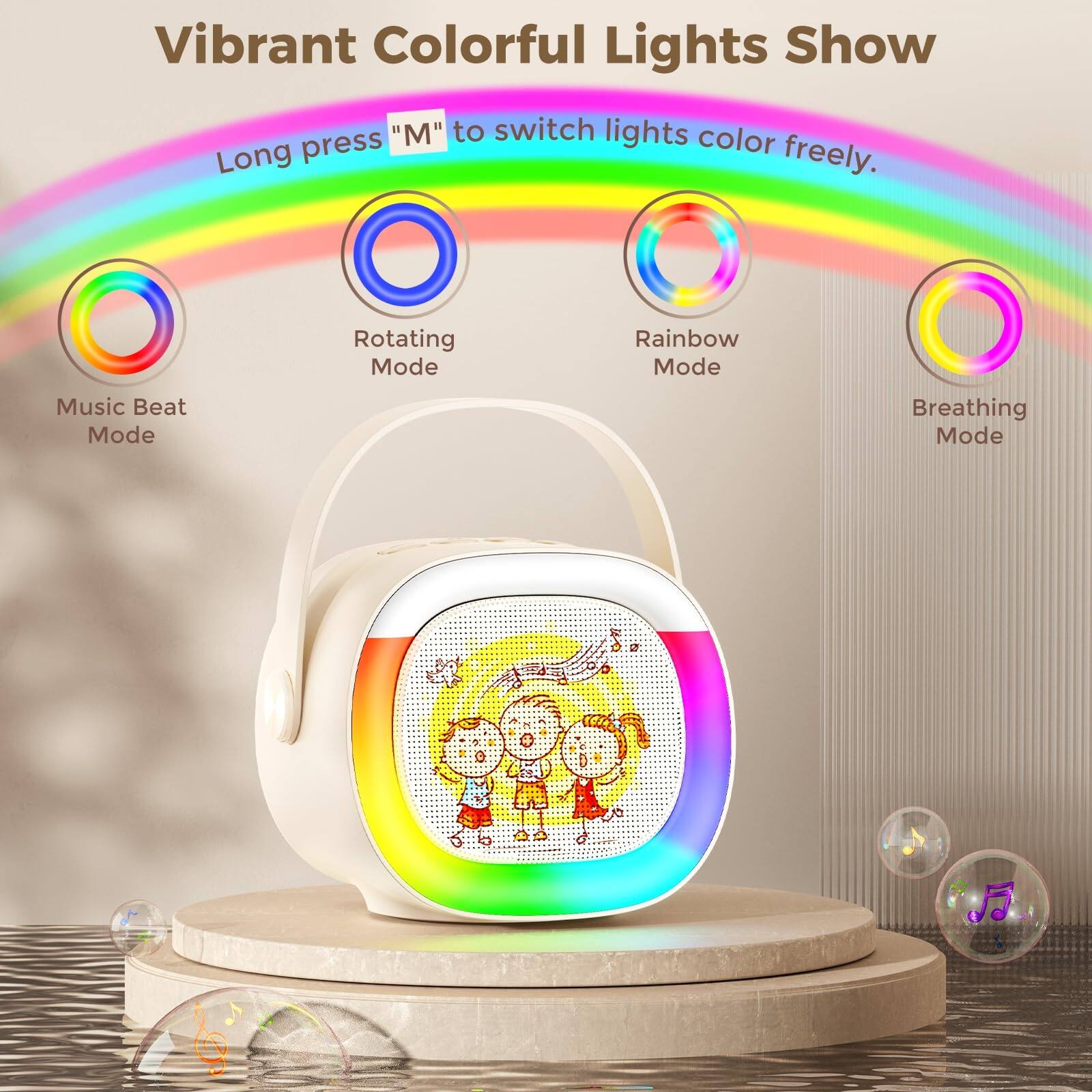 Vibrant Colorful Lights Show

Long press "M" to switch lights color freely.

- Music Beat Mode
- Rotating Mode
- Rainbow Mode
- Breathing Mode
