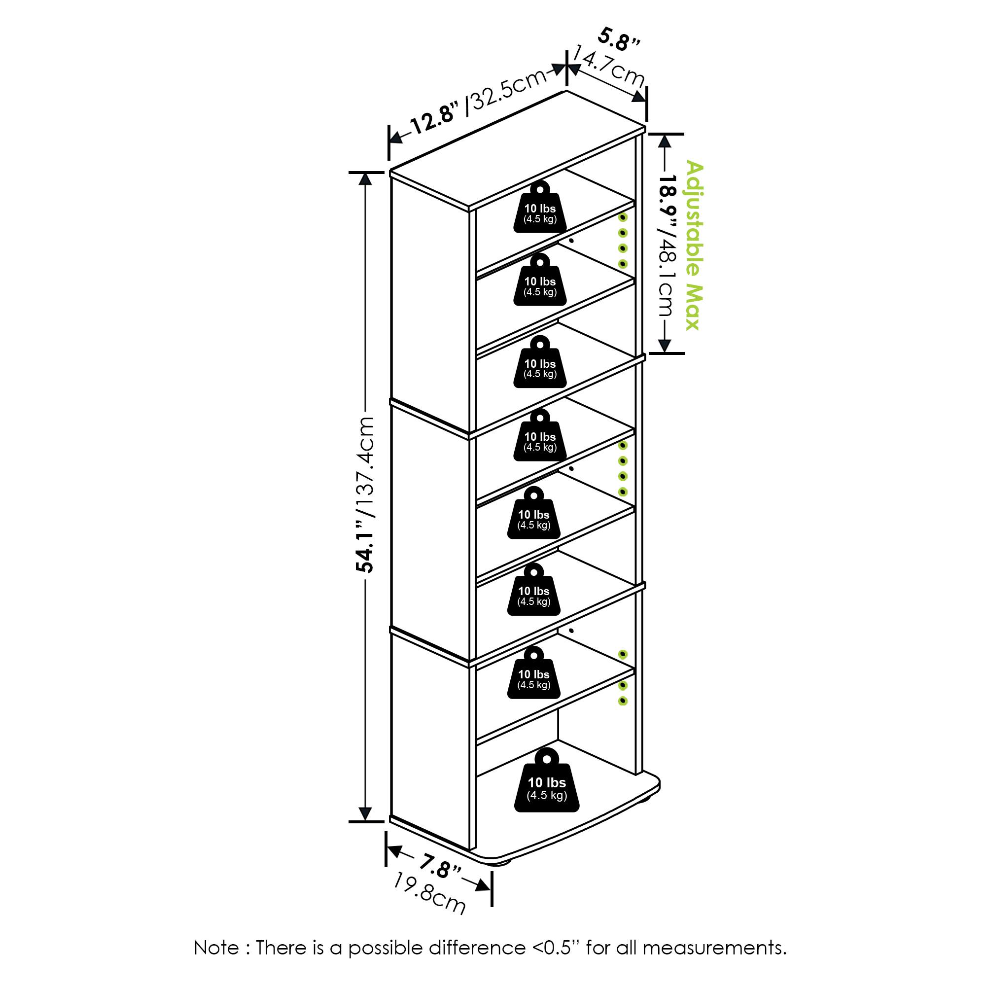 - Height: 54.1" / 137.4 cm
- Width: 12.8" / 32.5 cm
- Depth: 7.8" / 19.8 cm
- Adjustable Max: 18.9" / 48.1 cm
- Shelf Capacity: 10 lbs (4.5 kg) per shelf
- Note: There is a possible difference <0.5" for all measurements.