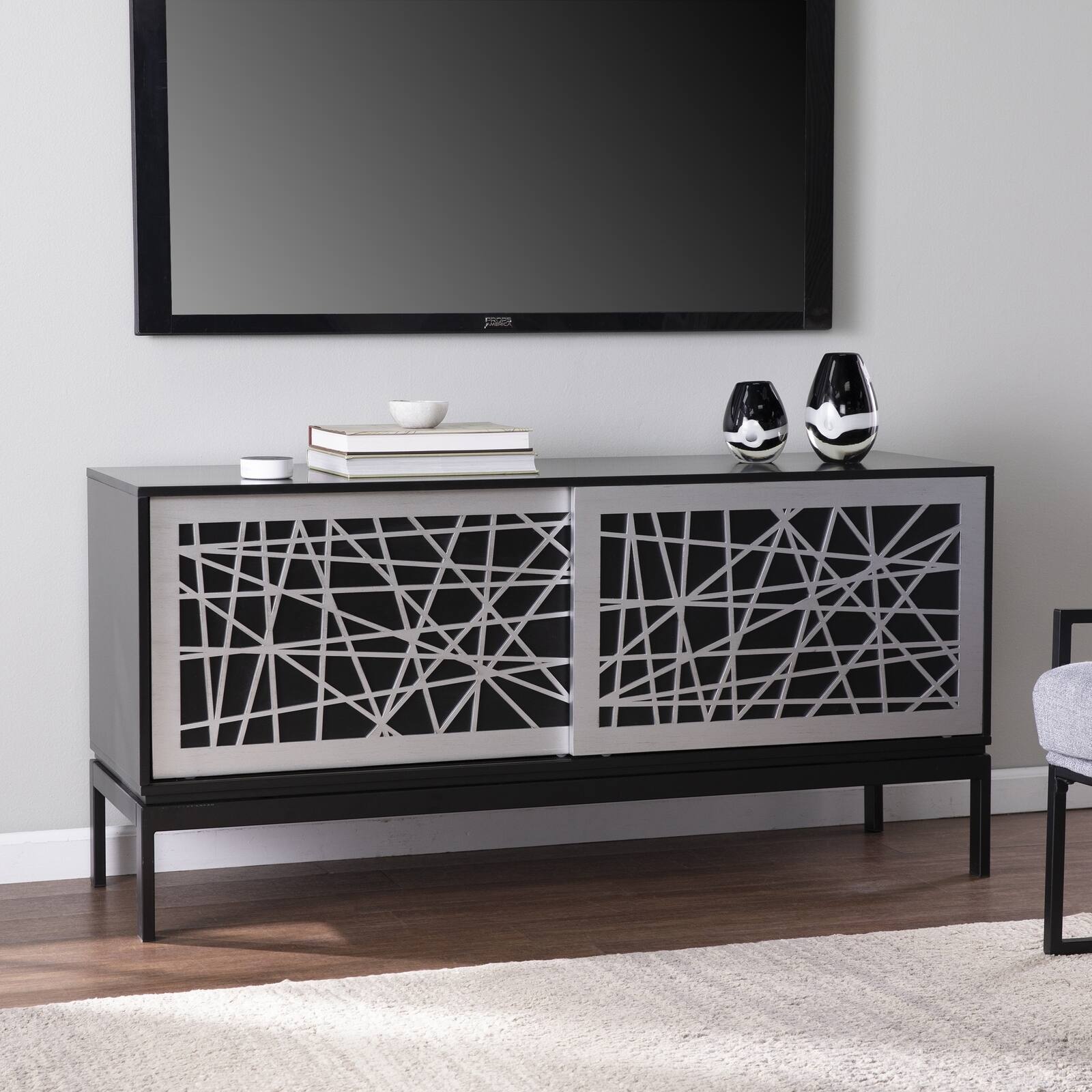 Front. Spaco - Spaco Modern Media Cabinet with Geometric Sliding Doors, 2 Spacious Cabinets and Wide Tabletop, for Living Room Storage - Black.