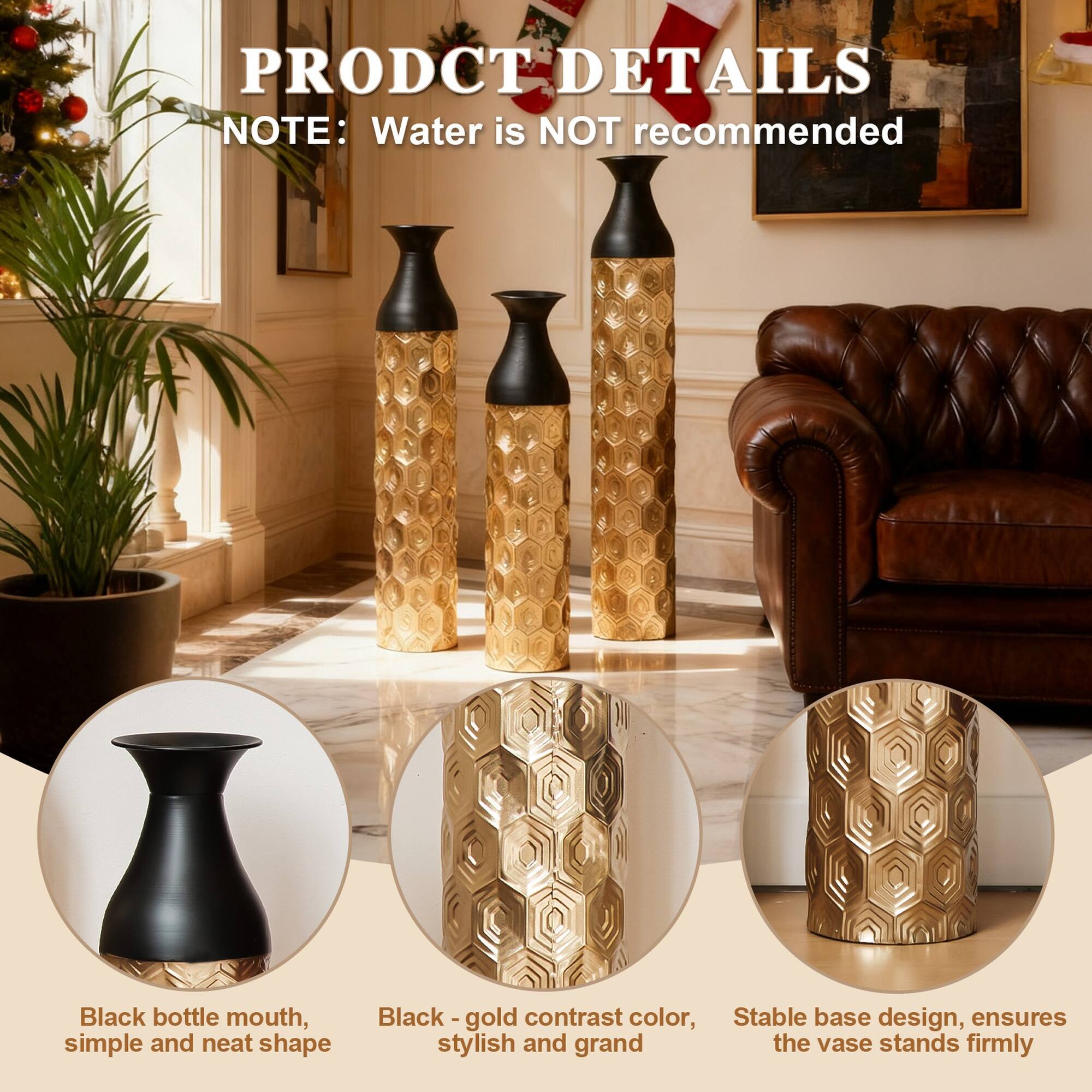 PRODUCT DETAILS  
NOTE: Water is NOT recommended  

- Black bottle mouth, simple and neat shape  
- Black - gold contrast color, stylish and grand  
- Stable base design, ensures the vase stands firmly
