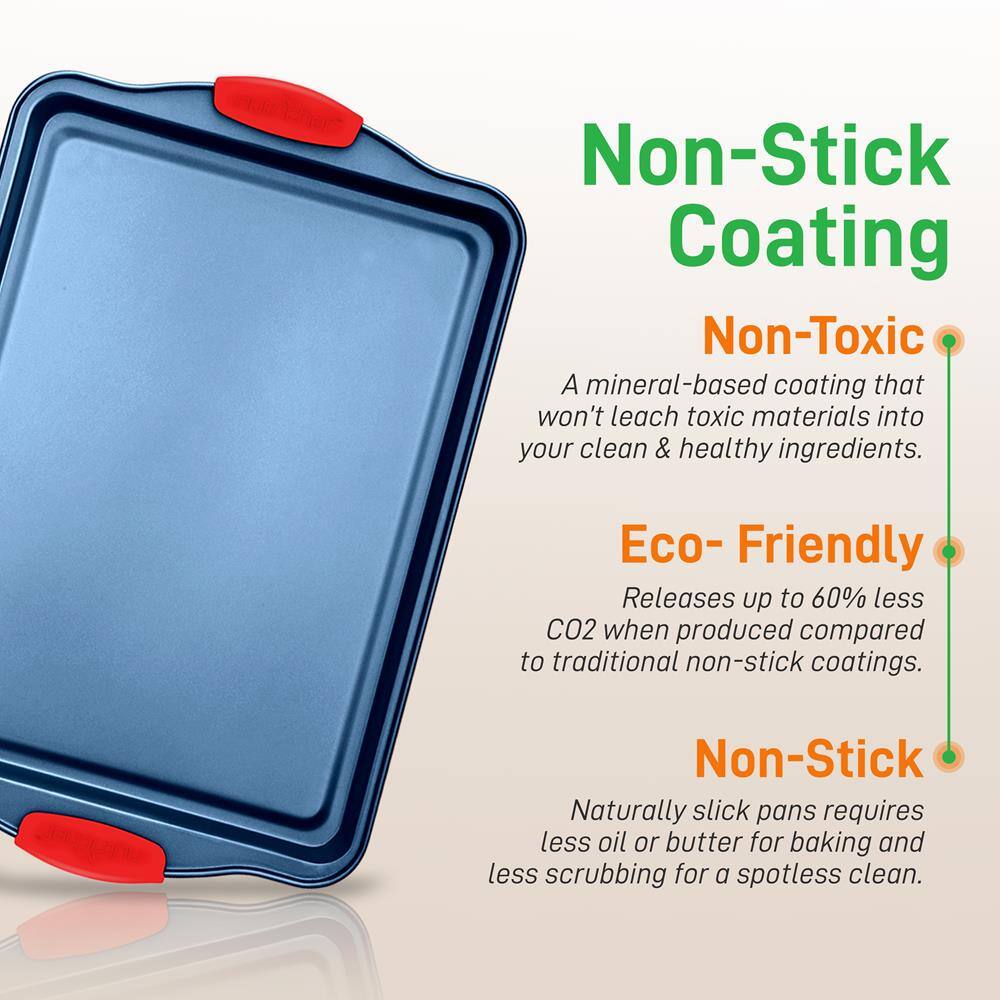 Non-Stick Coating

Non-Toxic  
A mineral-based coating that won't leach toxic materials into your clean & healthy ingredients.

Eco-Friendly  
Releases up to 60% less CO2 when produced compared to traditional non-stick coatings.

Non-Stick  
Naturally slick pans require less oil or butter for baking and less scrubbing for a spotless clean.