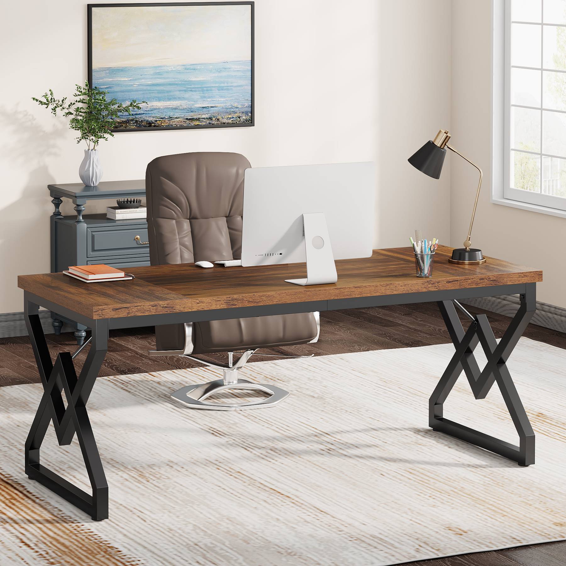 Angle. Tribesigns - Office Executive Desk, For Computer Work and Writing in Home Offices and Everyday Organization - Brown.