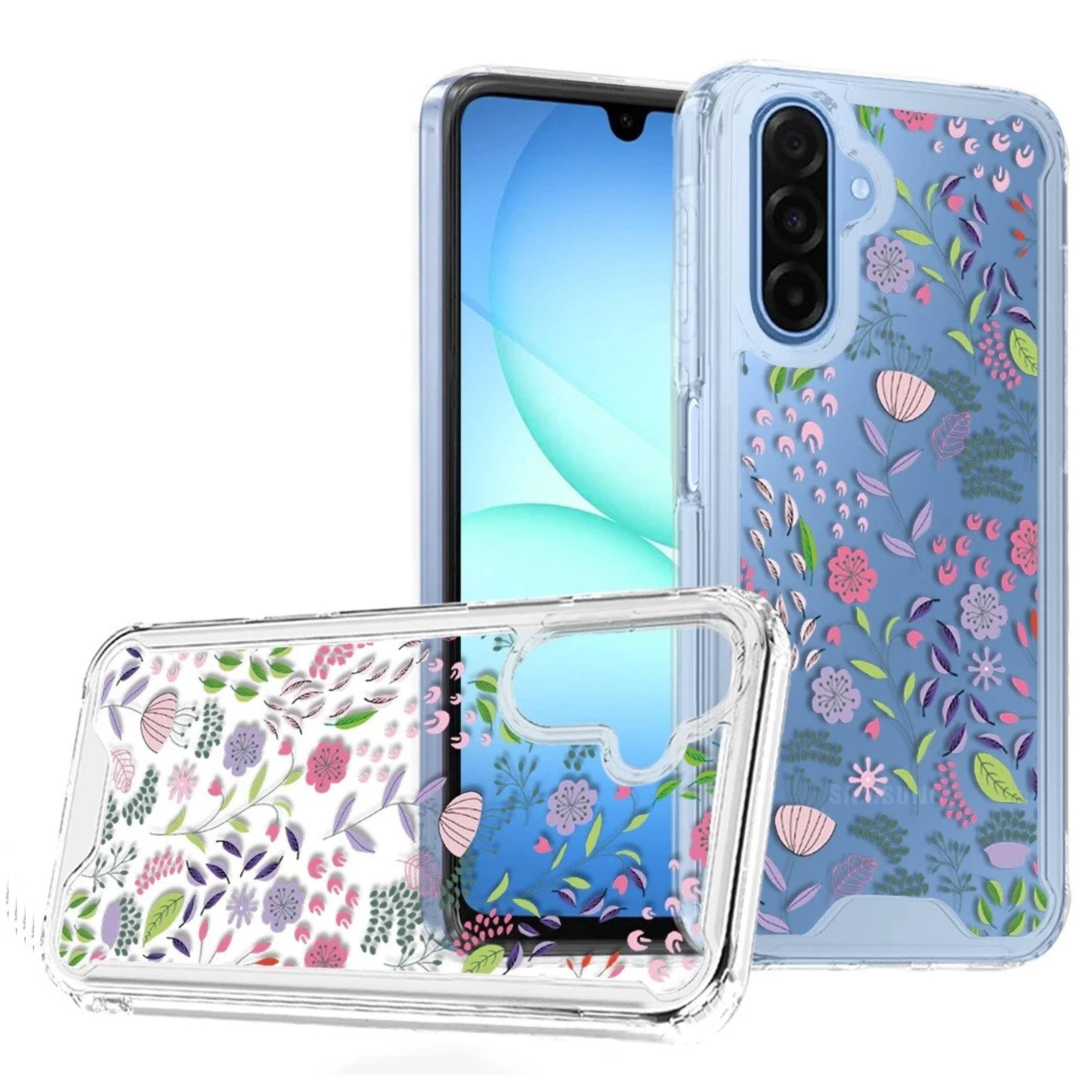 Front. Kitcheniva - Cute Trendy Design Clear TPU Phone Case With Tempered Glass For Samsung Galaxy A17 5G Wildflowers - Blue.