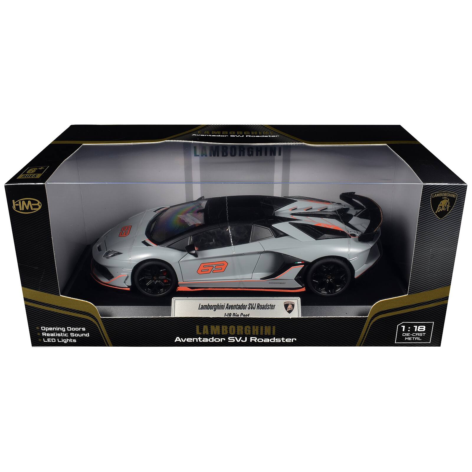 AMBORGHIRI Aventador  
REGUSTON  
LAMBORGHINI  
AGES  
IM-  
LAMBORGHING  

63  
Opening Doors Realistic Sound LEO Lights  
Lamborghini Aventador SVJ Roadster 1-00 No Coot LAMBORGHINI Aventador SVJ Roadster  
1:18 DIE-CAST METAL