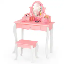 Costway - Kids Vanity Princess Makeup Dressing Table Stool Set W/ Mirror Drawer - Pink