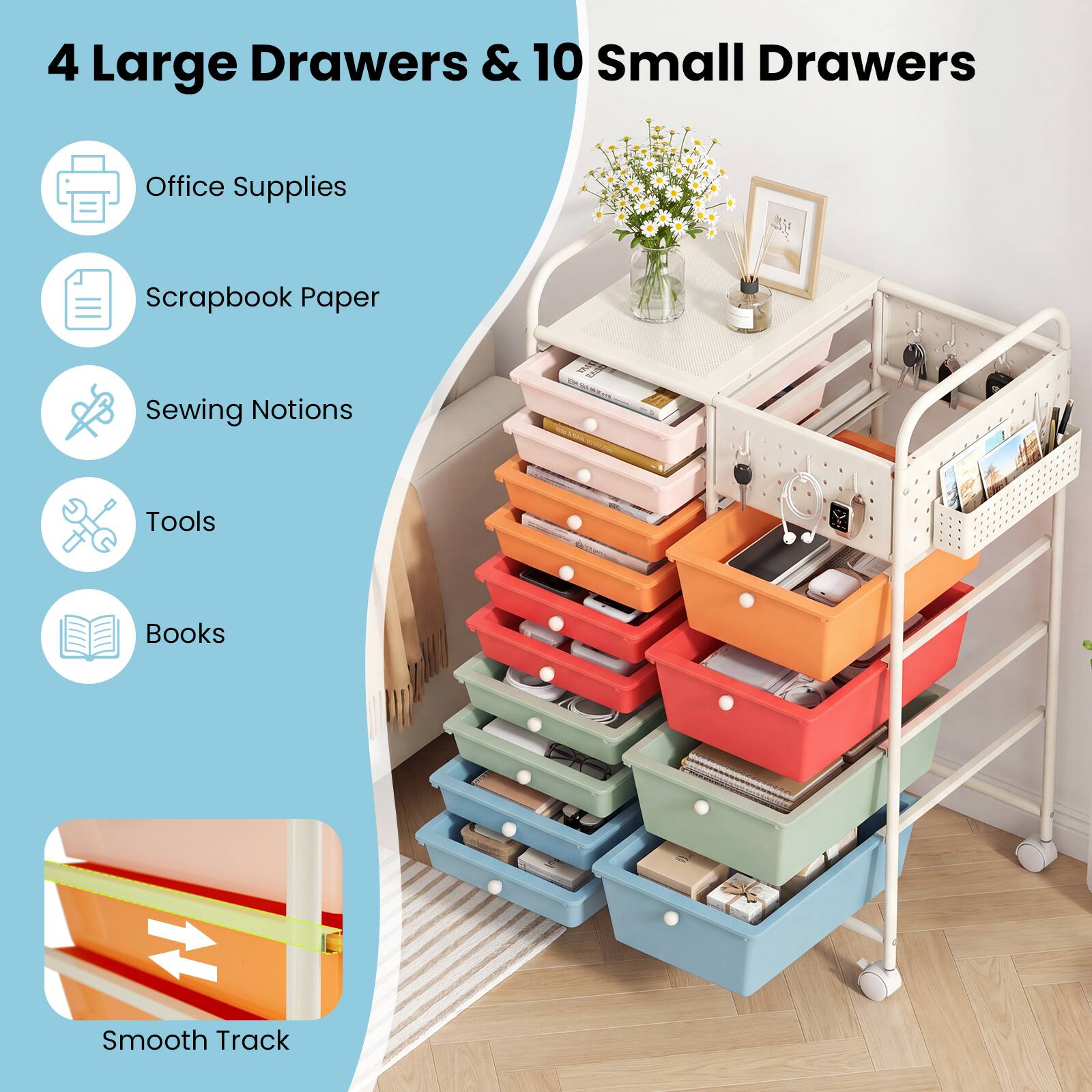 4 Large Drawers & 10 Small Drawers

- Office Supplies
- Scrapbook Paper
- Sewing Notions
- Tools
- Books

Smooth Track
