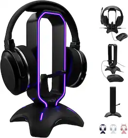 Tilted Nation - Gaming Headset Stand | RGB Headphone Stand for Desk with Mouse Bungee and USB Hub - Black