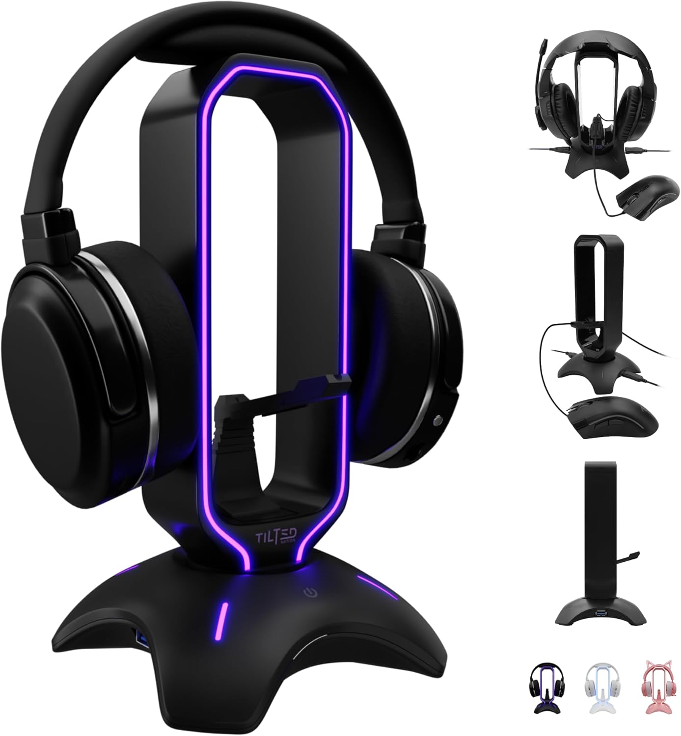 Tilted Nation - Gaming Headset Stand | RGB Headphone Stand for Desk with Mouse Bungee and USB Hub - Black