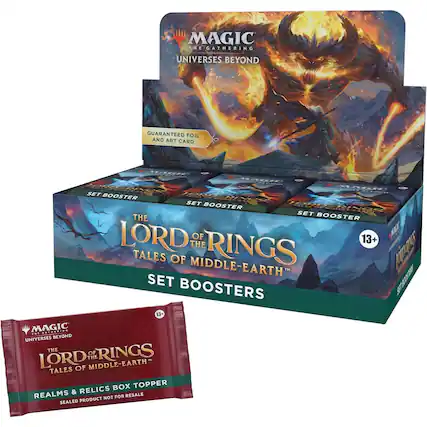 MAGIC THE GATHERING
UNIVERSES BEYOND
GUARANTEED FOIL AND ART CARD
THE LORD OF THE RINGS
TALES OF MIDDLE-EARTH™
SET BOOSTER
13+
MAGIC THE GATHERING
UNIVERSES BEYOND
THE LORD OF THE RINGS
TALES OF MIDDLE-EARTH™
REALMS & RELICS BOX TOPPER
SEALED PRODUCT NOT FOR RESALE