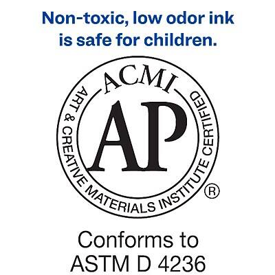 Non-toxic, low odor ink is safe for children.

ACMI ART & CREATIVE MATERIALS INSTITUTE AP CERTIFIED

Conforms to ASTM D 4236
