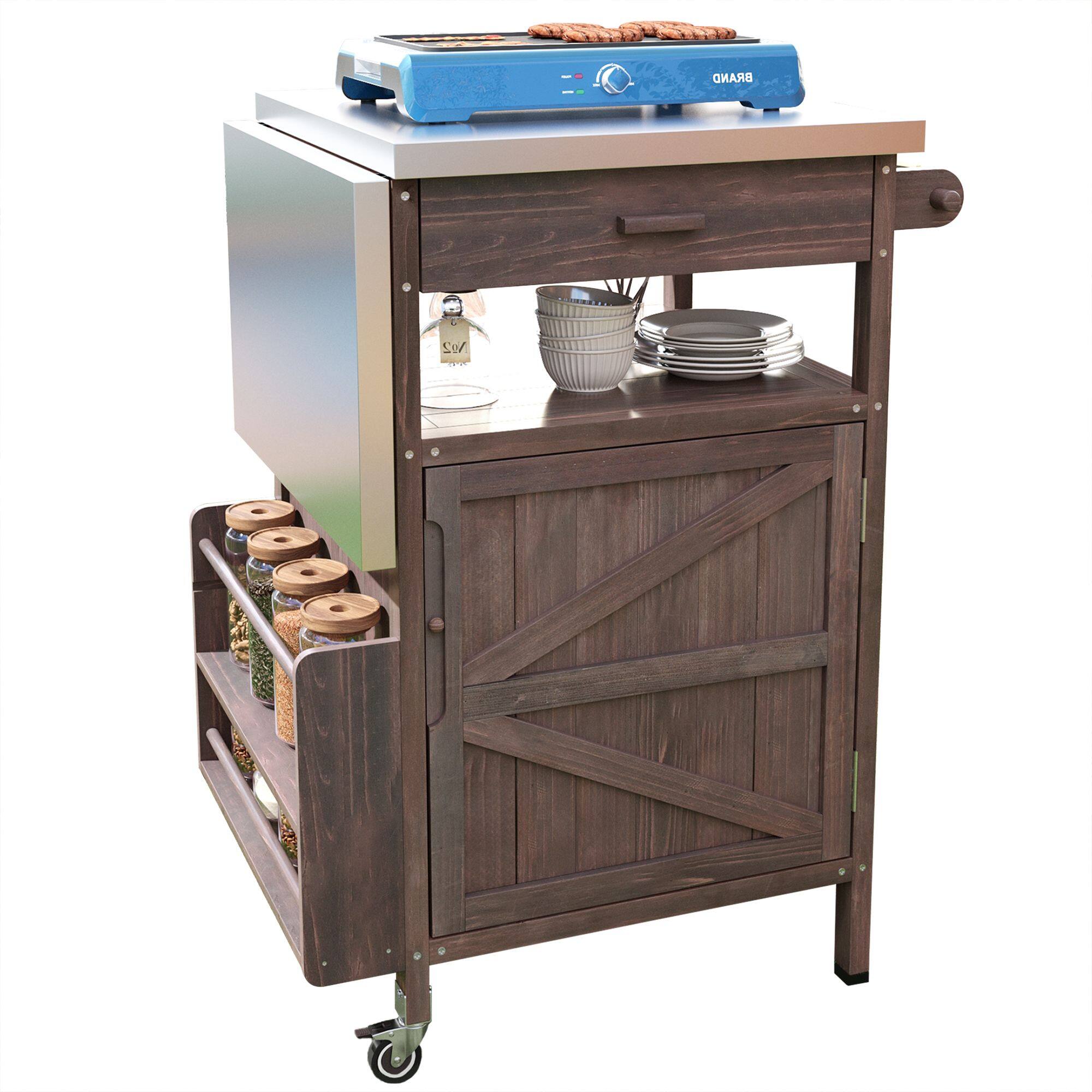 Angle. Mirfee - 40.5" Outdoor Grill Cart with Stainless Top, Drop Leaf, Drawer, Towel Rack, Lockable Wheels - Brown.