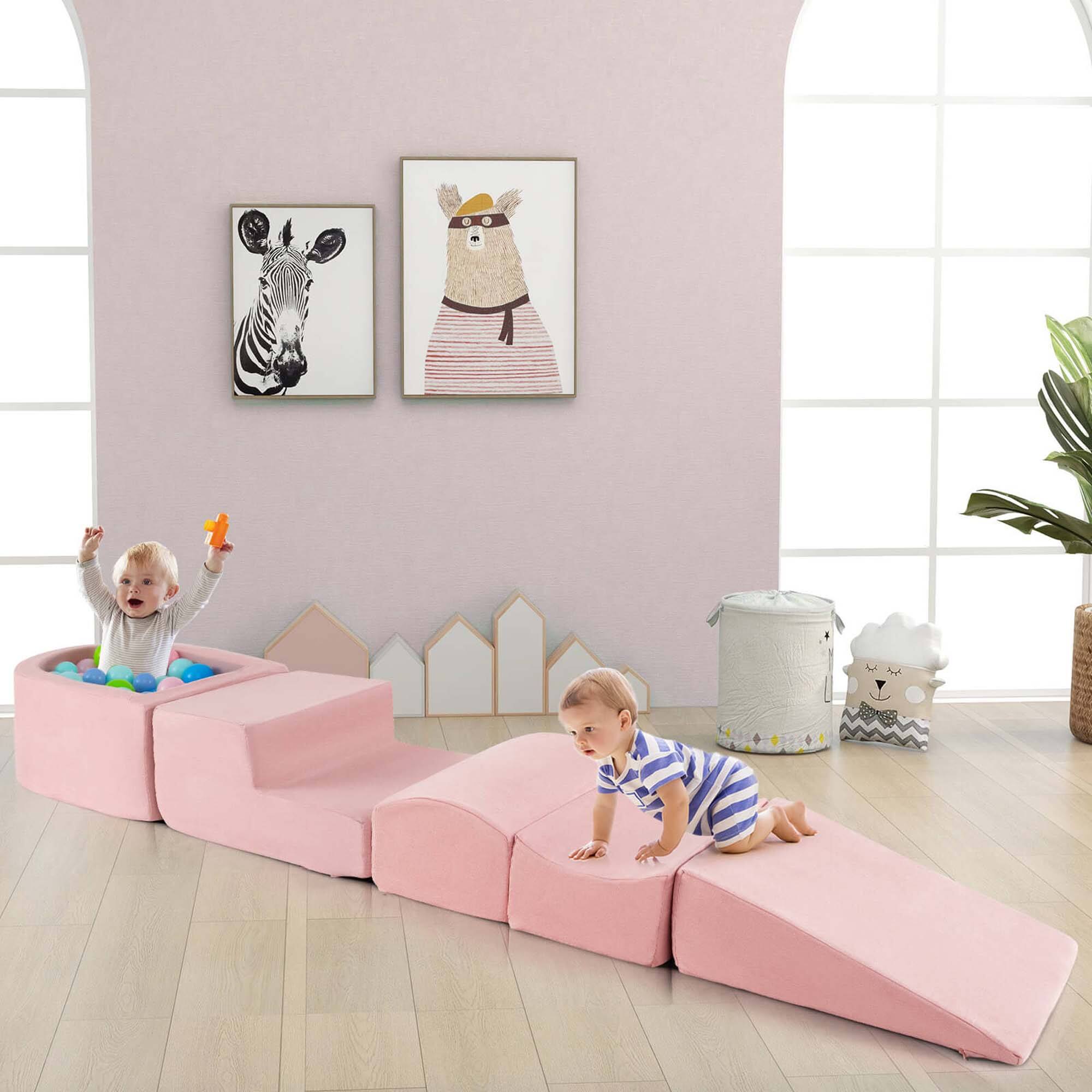 Alt View 3. Costway - Costway 5PCS Climb and Crawl Playset with Ball Pit for Kids Zippers for Playroom - Pink.