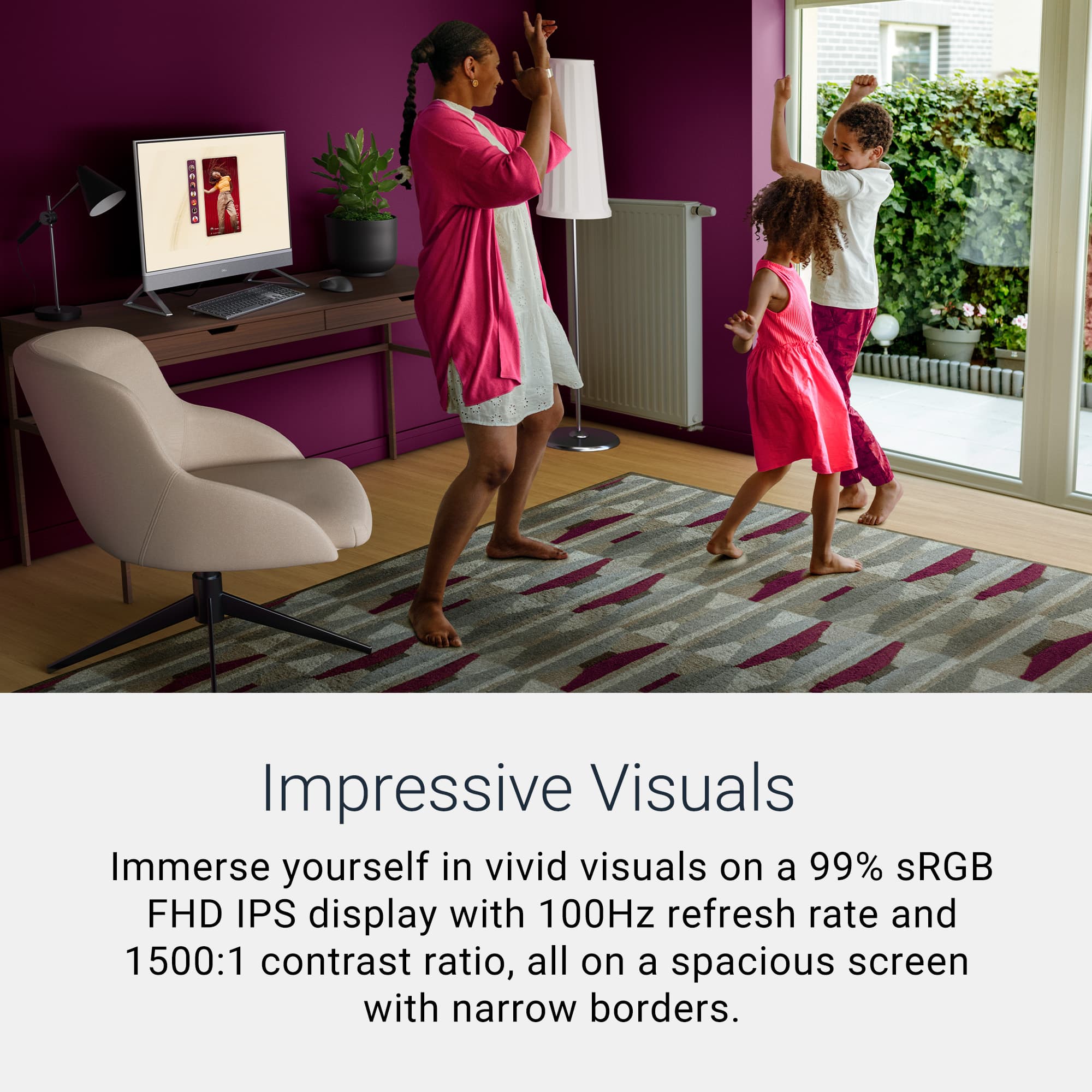 Impressive Visuals: Immerse yourself in vivid visuals on a 99% sRGB FHD IPS display with 100Hz refresh rate and 1500:1 contrast ratio, all on a spacious screen with narrow borders.