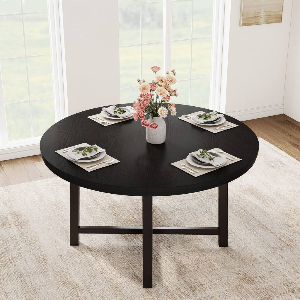 Acekool - 47" Round Dining Table, with Sturdy Metal Frame & Rustic Brown Finish - Black