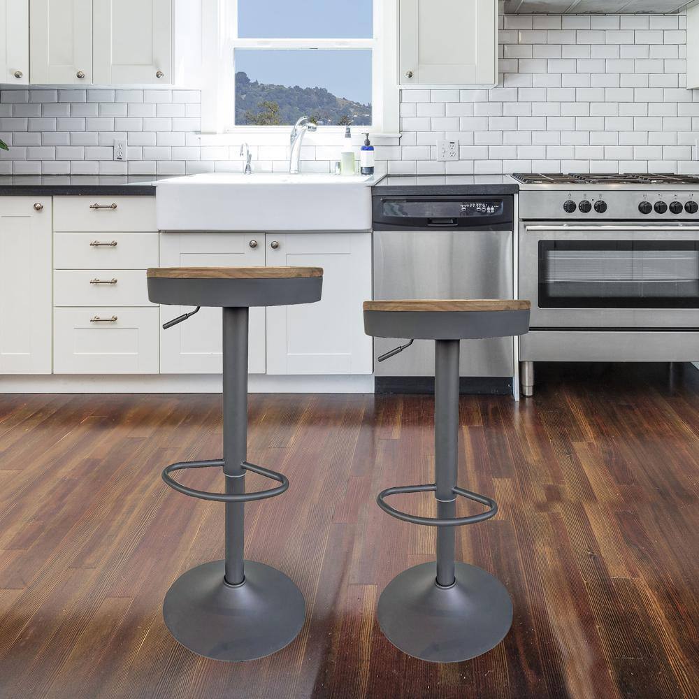 Angle. AmeriHome - Round Adjustable Height Bar Stools with Wood Seat â€“ Natural Stain - Natural, Grey.